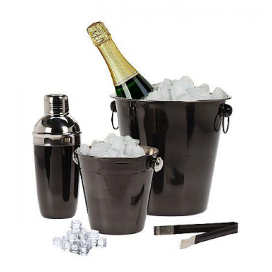 Barmeno rinkinys - blizgus: kibirėlis ledukams, kibirėlis buteliui, šeikeris, žnyplės, 4 vnt.